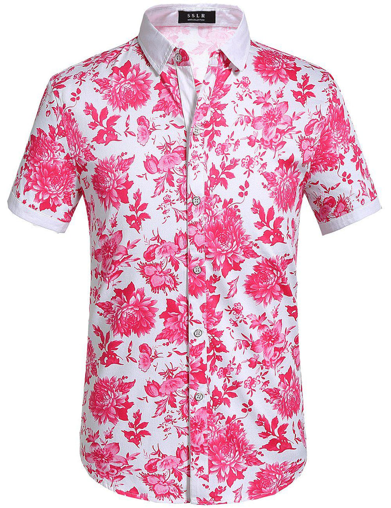 SSLR Hawaiian Men Pink Flowers Summer Beach Shirts