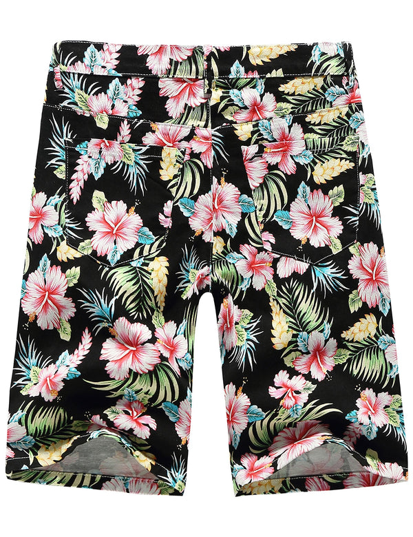 SSLR Mens Shorts Casual Cotton Flat Front Floral Hawaiian Shorts