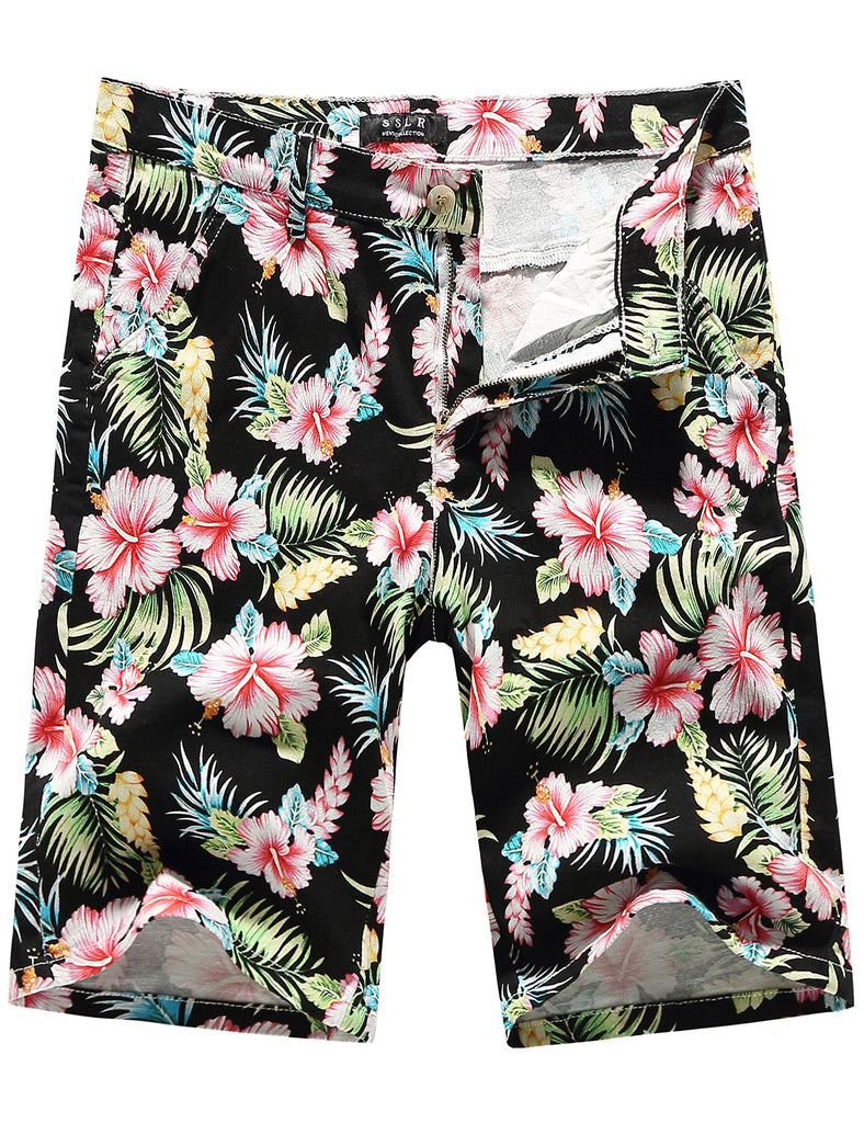 SSLR Mens Shorts Casual Cotton Flat Front Floral Hawaiian Shorts